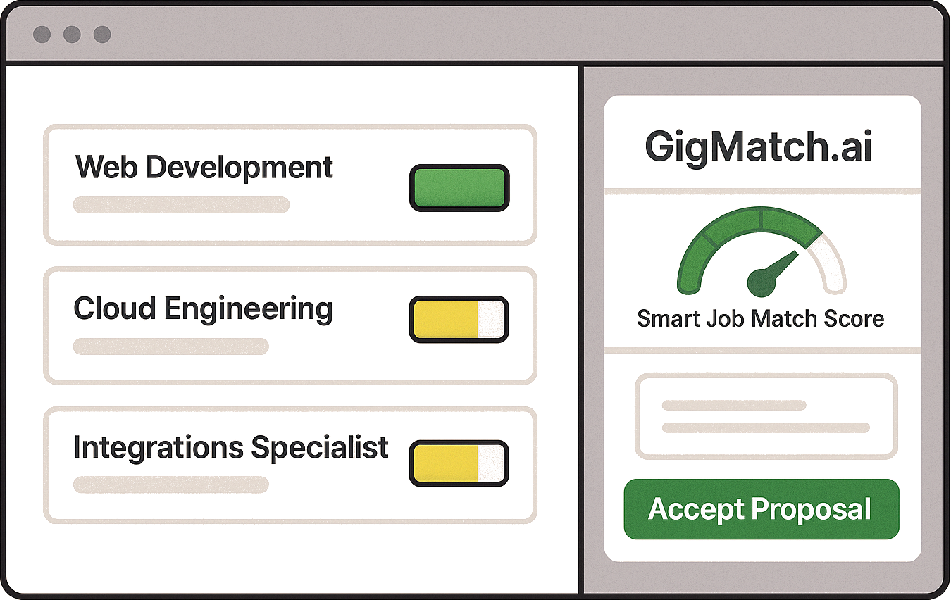 GigMatch.ai browser extension interface preview showing job match scores and AI proposal generation.